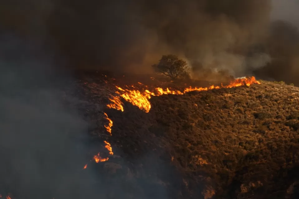 Line of wildfire moving across dry hillside in Malibu, California during 2018 Woolsey fire.